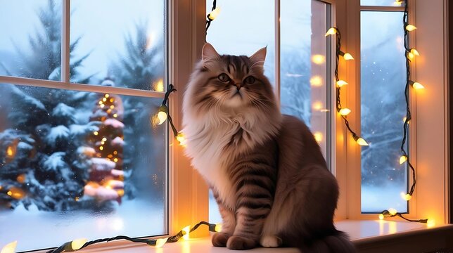 Percian cat is sitting on the windowsill with Christmas light reflecting softly, cozy and tranquil winter scene with Xmas tree covered by snow outside