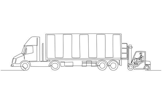 Continuous one line drawing of forklift loading goods into container truck, logistics, transportation and warehousing concept, single line art.