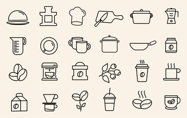 Coffee drink and kitchen food icon set editable stroke 