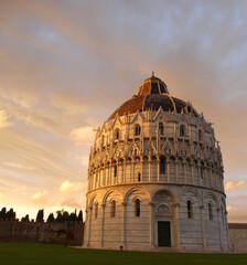 Pisa Tuscany Italy, Battistero di San Giovanni, Golden hour, Summers night, sunsetting, Beautiful architecture, historical site. 