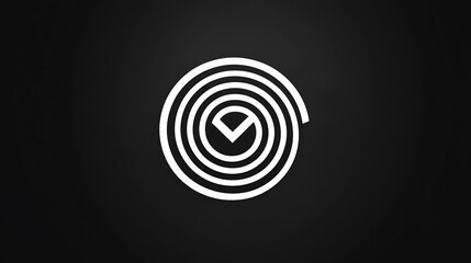Abstract geometric logo design with a white spiral and a checkmark symbol on a black background.