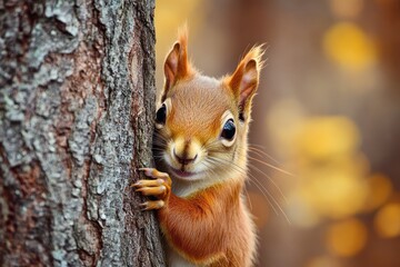 Red Squirrel Peeking from Behind a Tree Trunk