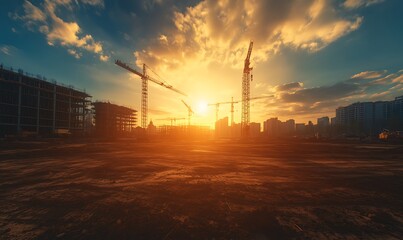 A breathtaking sunset casts a golden glow over a construction site, silhouetting cranes against a dramatic sky of clouds.