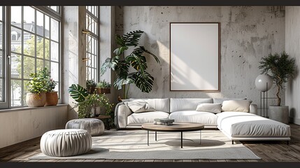Modern living room with plants, a sofa, and natural light.