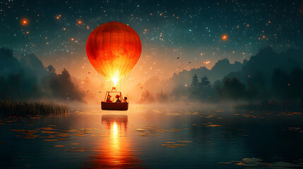 A radiant hot air balloon glows over a serene lake at dusk
