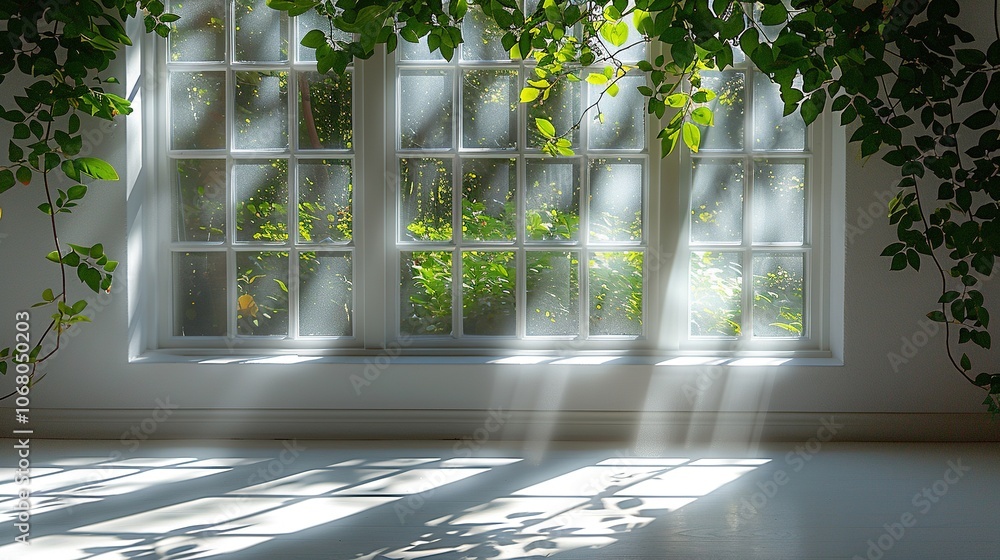 Poster sunlight streams through a window adorned with green plants, creating a serene indoor atmosphere.