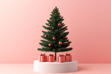 3D Santa Claus on the around christmas tree and gift boxes.