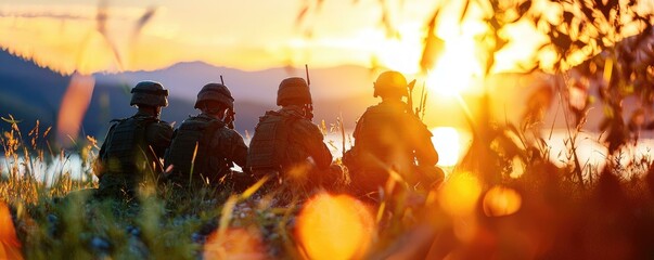 Soldiers in silhouette gather to watch a breathtaking sunset over mountains, capturing the spirit of camaraderie and hard work during their rigorous training camp for young recruits.