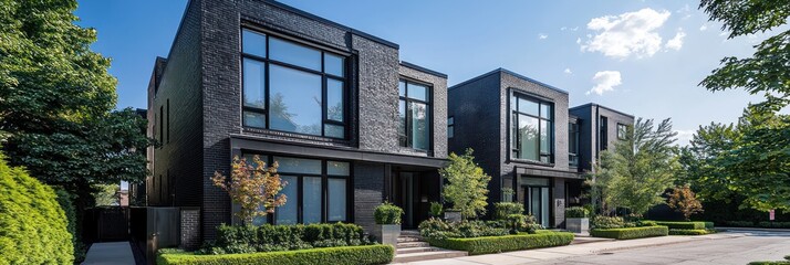 Elegant Chicago townhouse with black brick and periwinkle windows.