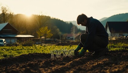 Fototapeta premium A man plants young seedlings in the garden at sunset.