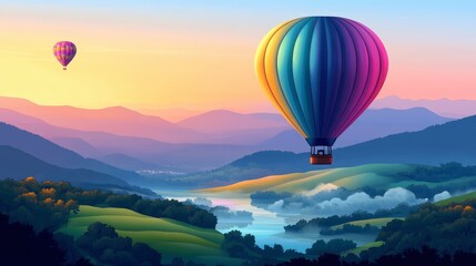 Naklejka premium Colorful Hot Air Balloons Over Green Valleys at Sunrise