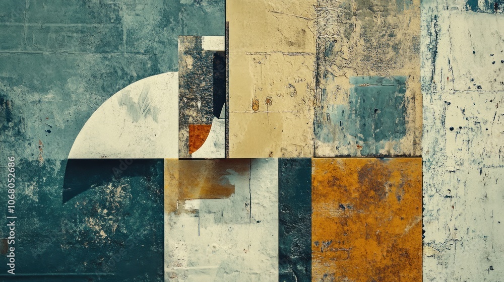 Poster abstract geometric design with different colored shapes and textures on a wall.