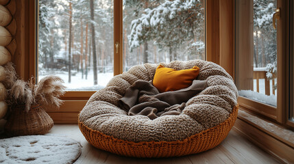Fototapeta na wymiar Cozy Cabin Getaway: A plush armchair draped in a soft blanket sits by a window overlooking a snowy winter forest, inviting relaxation and tranquility. 