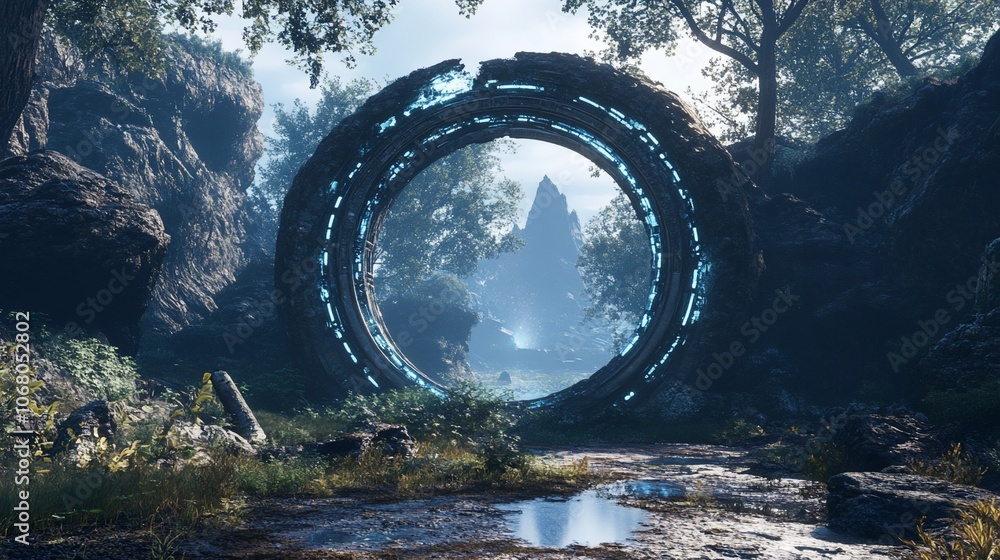 Poster a mysterious stone ring portal in a forest with a hazy mountain peak in the distance.