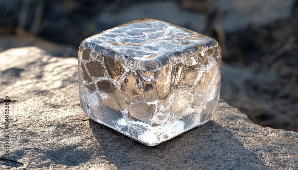 Poster single ice cube on a rock. perfect for cooling down drinks, adding a touch of elegance.