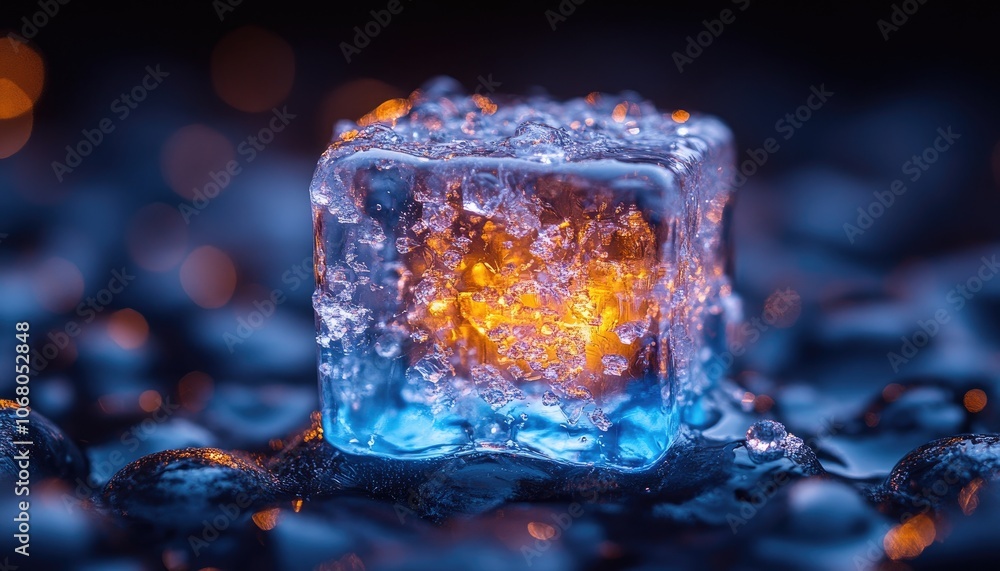 Poster ice cube with bokeh lights in background. perfect for abstract and nature concepts.