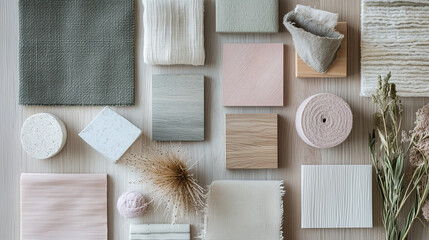 Pastel and neutral home decor mood board with fabric and texture samples.