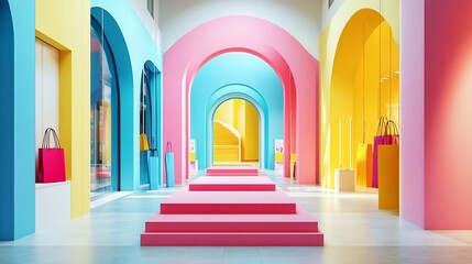 Fototapeta premium Colorful archway corridor with pink steps leading to an open space.
