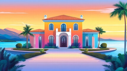 Obraz premium Charming Mediterranean Villa by the Sea at Sunset