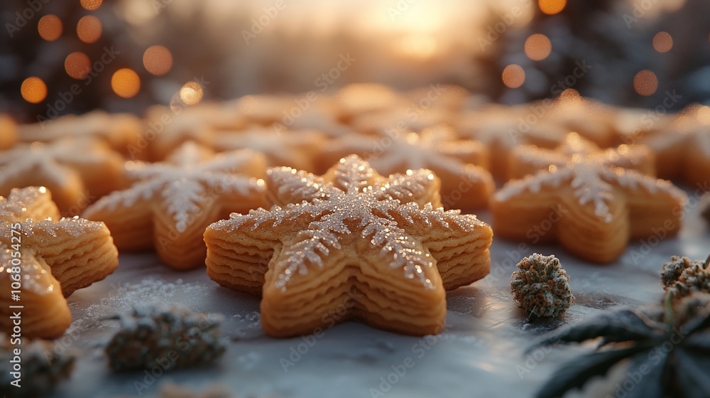 Poster a close-up of freshly baked star-shaped christmas cookies with a snowflake design, sitting on a tabl