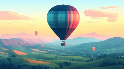 Colorful Hot Air Balloon Over Lush Green Valleys at Sunrise