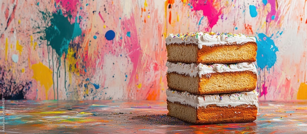 Aufkleber a stack of four white frosted cake layers against a colorful abstract background with splatters of p