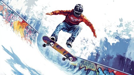 Dynamic Skateboarder in Urban Graffiti Park