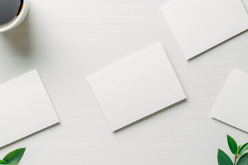 Minimalist workspace with blank cards and coffee for branding design inspiration