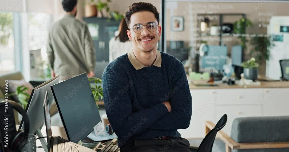 Aufkleber Man, office and face with arms crossed for coding, programing and system update as software engineer. Male person, employee and portrait with happiness for innovation project and data development