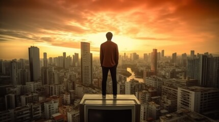 Fototapeta premium Man Standing on a Rooftop Overlooking a Cityscape