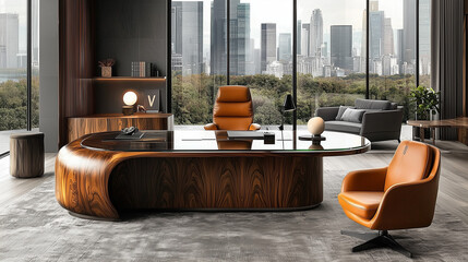 Modern Executive Office Interior: A luxurious, contemporary office space with a curved wooden desk, leather chairs, and a panoramic city view.  The image evokes a sense of power, success.