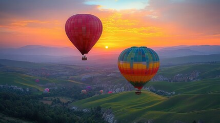 Obraz premium Hot Air Balloons Over Green Valleys at Sunrise