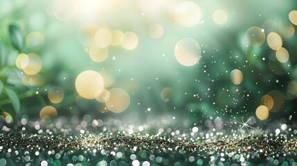 Beautiful luxury gold bokeh on defocused emerald silver background