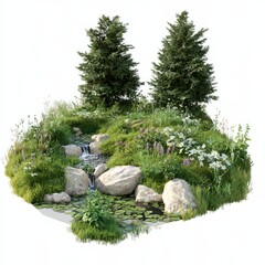 Low Poly 3D Render of a peaceful forest glade with wildflowers and a gentle stream, on isolated white background