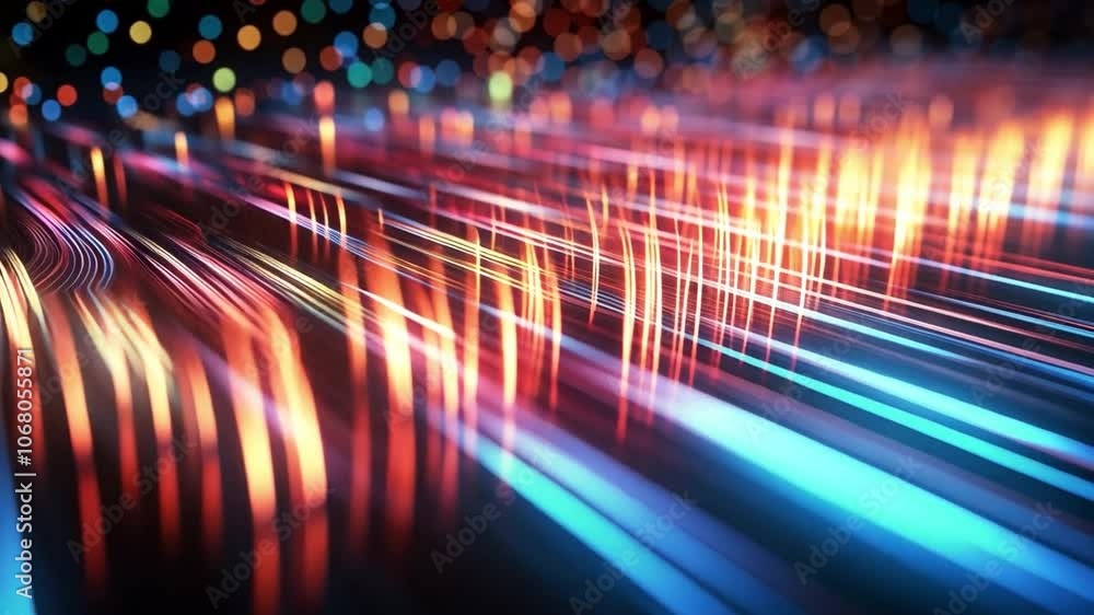 Aufkleber Abstract Digital Flow: A mesmerizing abstract background featuring a dynamic network of vibrant, glowing lines interwoven with colorful bokeh, creating a sense of movement and connectivity.  