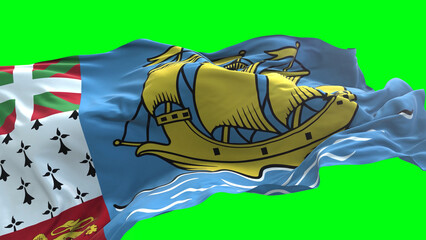 Saint Pierre and Miquelon flag - 3D realistic waving flag on green screen background for chroma key