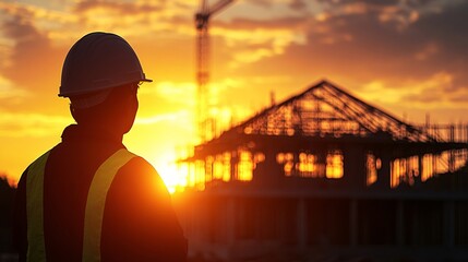 Fototapeta premium 25.Silhouette of an architect helmet with a house structure in the background, glowing sunset, intricate details of scaffolding and beams, atmospheric construction site, deep shadows and warm light