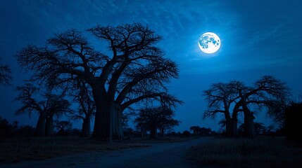41.Towering baobab trees along the Avenue of Baobabs, illuminated by a glowing full moon, tall silhouettes against a deep blue sky, mystical light, ancient trees casting long shadows over the dry