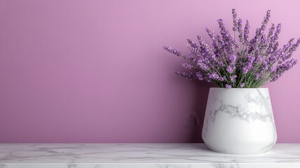 Fototapeta premium A simple vase of lavender flowers against a soft pink wall, creating a calming and elegant decor aesthetic.