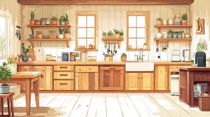 Fototapeta premium Rustic Farmhouse Kitchen with Exposed Wood and Vintage Decor