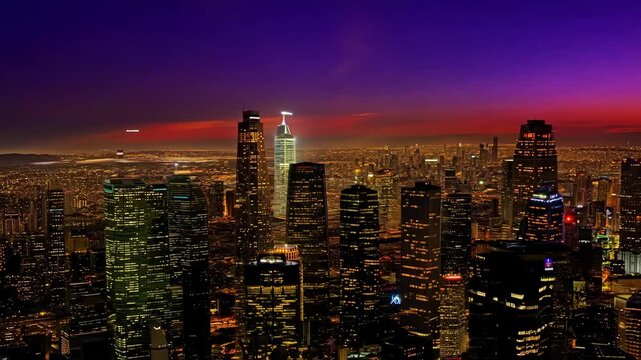 Drone time lapse of Los Angeles skyline at dawn and sunset with golden light