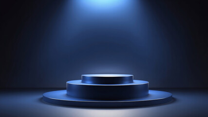 Fototapeta premium Blank metallic podium with dark blue gradients and gentle lighting. Created with generative AI technology