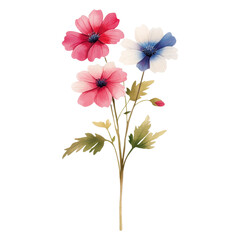 Watercolor Painting of Three Pink and Blue Flowers