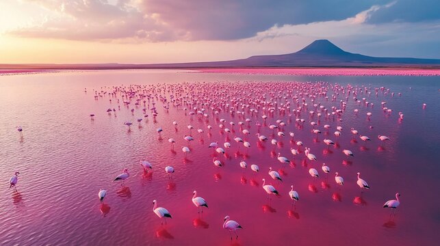 40.View from above of Lake Natron&acirc;&euro;&trade;s vibrant pink salt flats with Ol Doinyo Lengai volcano, vast expanse of Lesser Flamingos covering the waters, surreal natural colors, sense of tranquility and