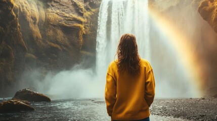 Naklejka premium Woman overlooking majestic waterfall creating breathtaking scene with mist and rainbows. Nature