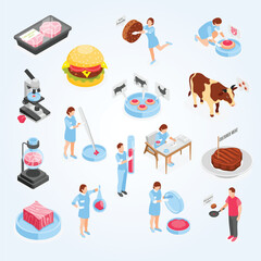 Artificial grown meat isometric icons set of scientists analyzing test tubes with cultured meat isolated vector illustration