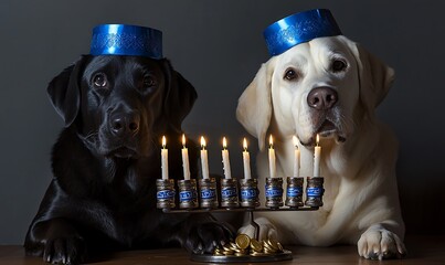 Black Labrador and white Labrador wearing blue kippas