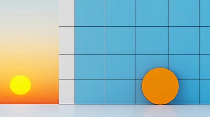 A vibrant orange circle positioned against a blue grid wall with a warm sunset background, creating a unique geometric composition.