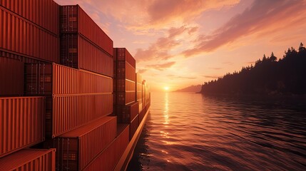 Fototapeta premium A cargo ship with containers sailing through calm waters during a vibrant sunset, casting reflections on the water surface.