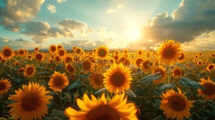 Obraz premium Golden Sunflowers Field at Sunset